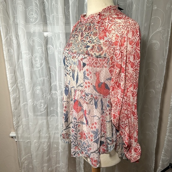 Isabel Marant Floral Bird Sheer Silk Babydoll Blouse size 36 -Small NEW Red Blue - Picture 5 of 16